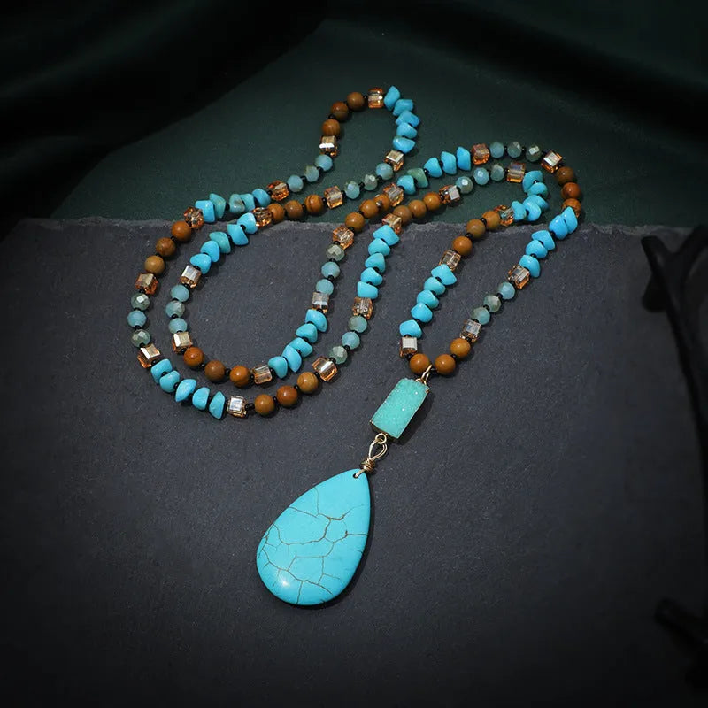 Blue turquoise imitation mineral pendant necklace with water drop shape and ball bead chain