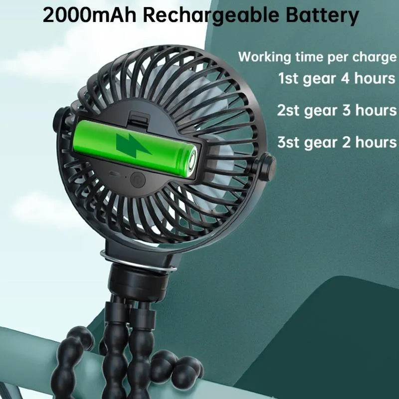Battery operated octopus fan with flexible tripod legs, black, 2000mAh rechargeable, three speed settings