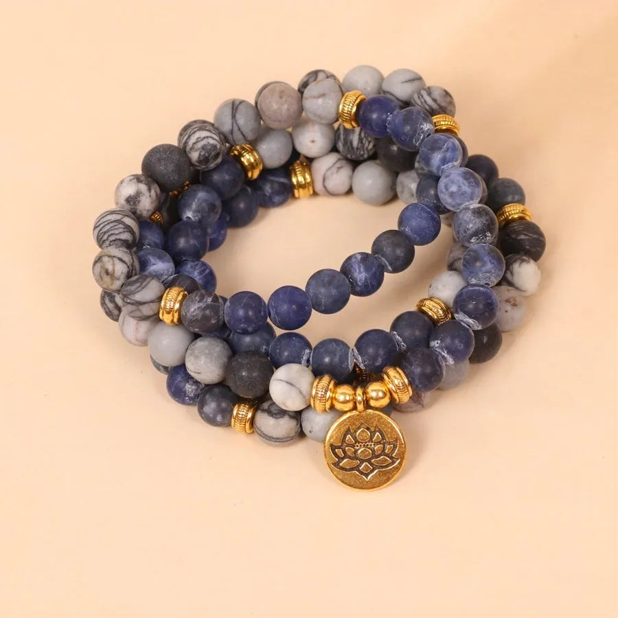 Blue patterned network stone bead multi-layer alloy bracelet for women's jewellery