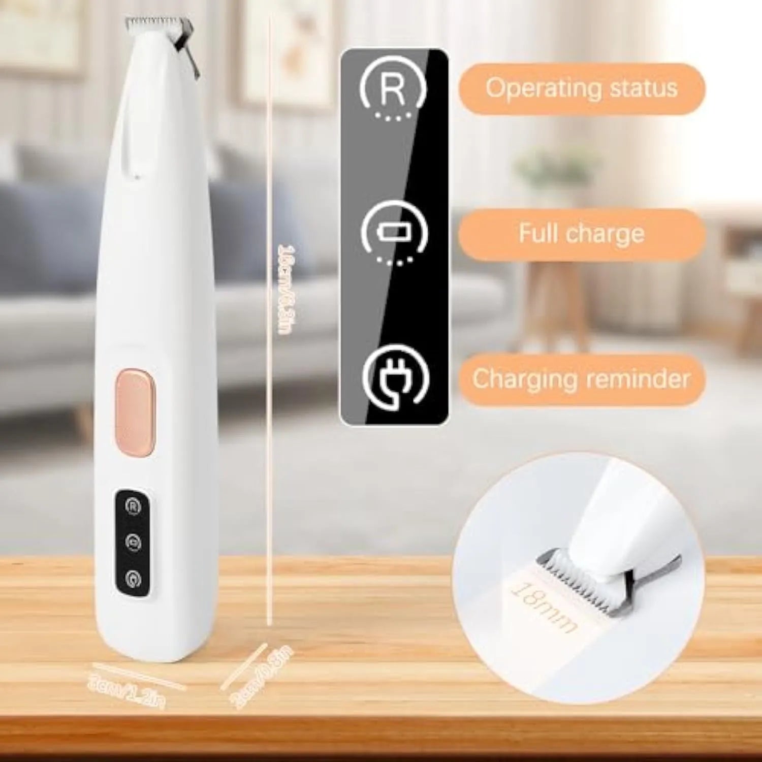 White rechargeable electric dog paw trimmer with LED light on paw, 17.7cm