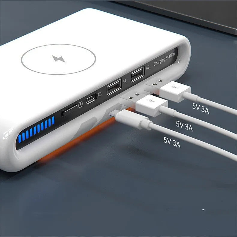 White desktop wireless charging pad with built-in 8-colour atmosphere mood lamp showing different LED light modes