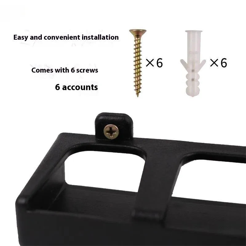 Black ABS plastic wall-mounted fishing rod holder rack shown in upright and horizontal styles.