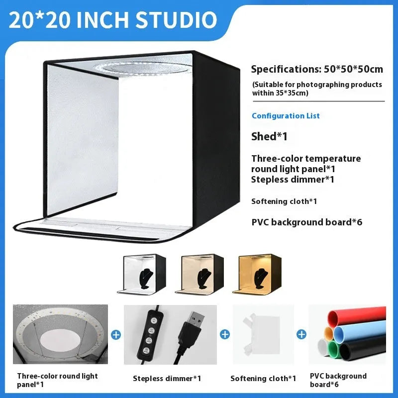 50cm folding studio light box with USB-powered three-colour temperature lighting panel for product photography
