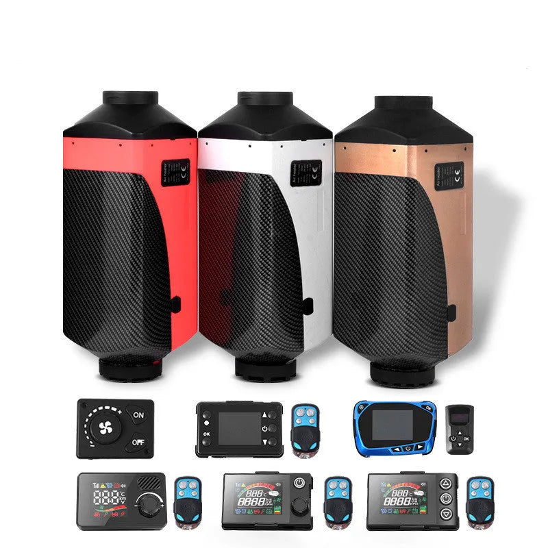 Red and black diesel air heater unit with fuel tank and exhaust components for vehicle installation