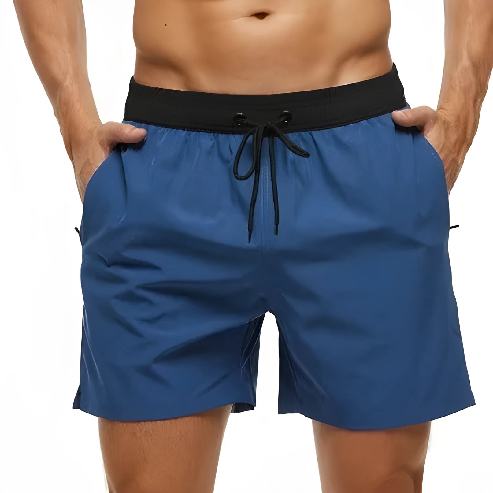 Men's blue running shorts with a drawstring waistband and a side headband pocket.