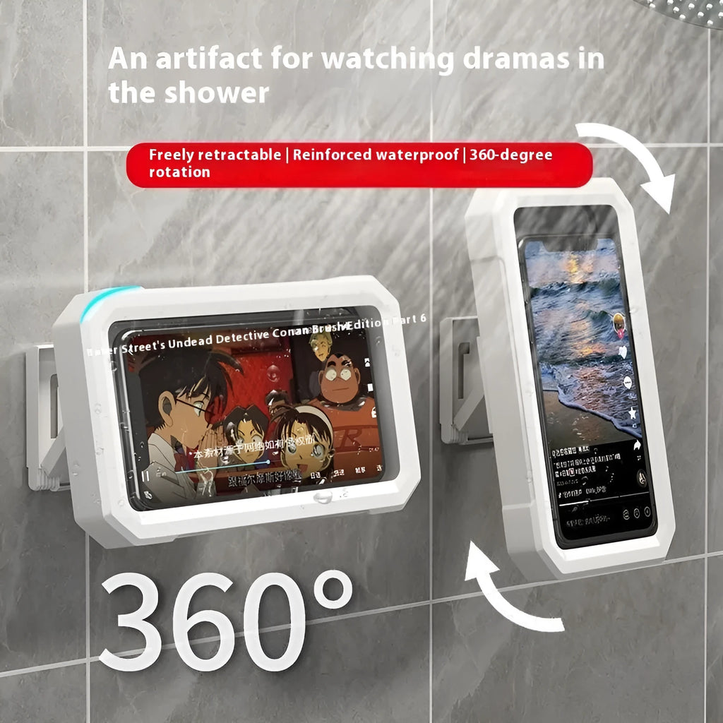 Waterproof touch screen rotatable bathroom wall-mounted mobile phone holder in white with adhesive mounting pad