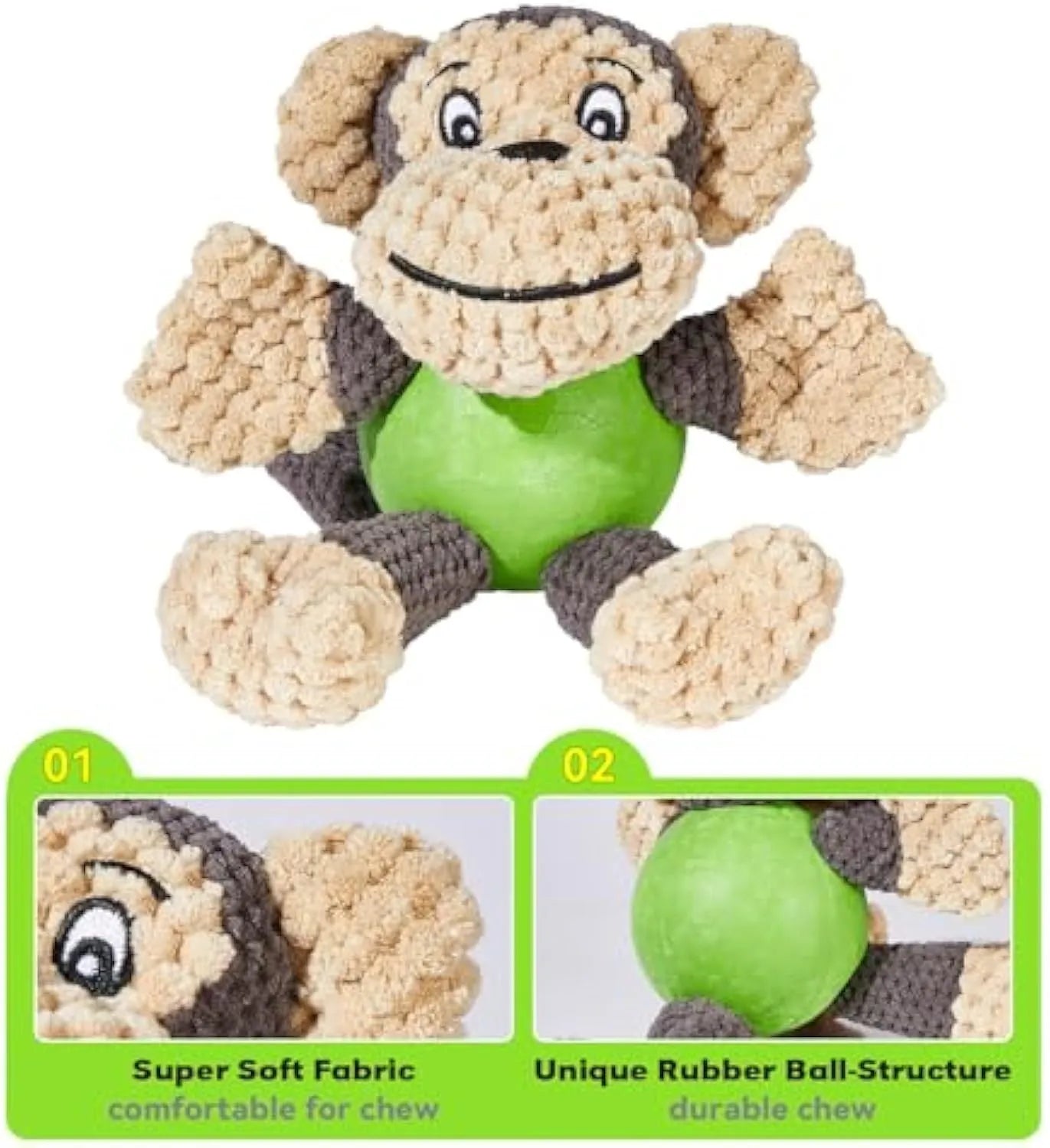 Cute squeaky monkey plush dog toy with soft fabric, designed for small and medium dogs