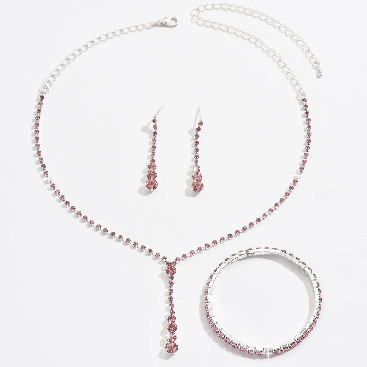 Rhinestone wedding jewellery three-piece set with necklace bracelet earrings in silver pink