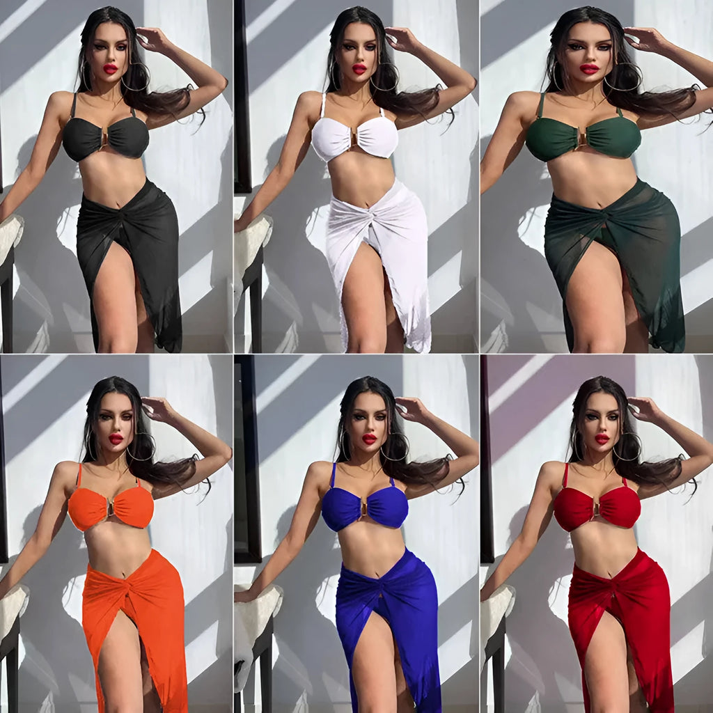 Women's three-piece bikini set with long culottes skirt in solid colour French style