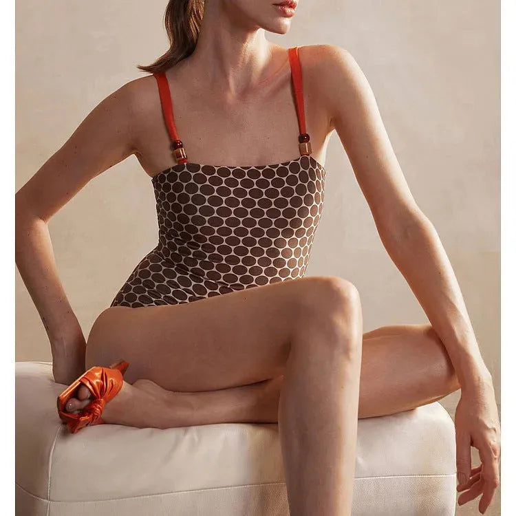 Printed high-grade double-sided one-piece swimsuit for women with wrap skirt, dotted pattern, polyester fabric, European American style
