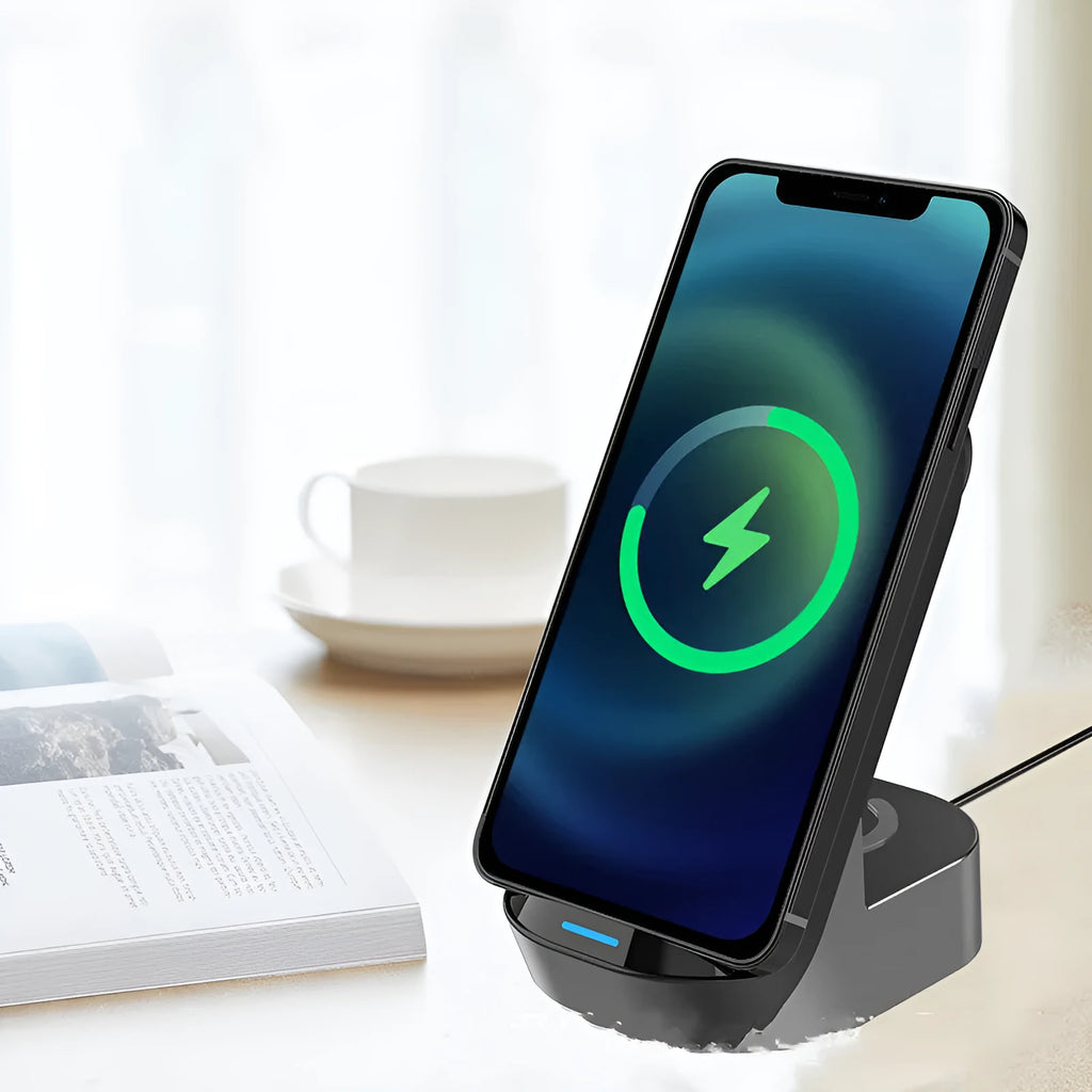 Black foldable 3-in-1 wireless charger stand vertical view showing phone watch and earbud charging spots