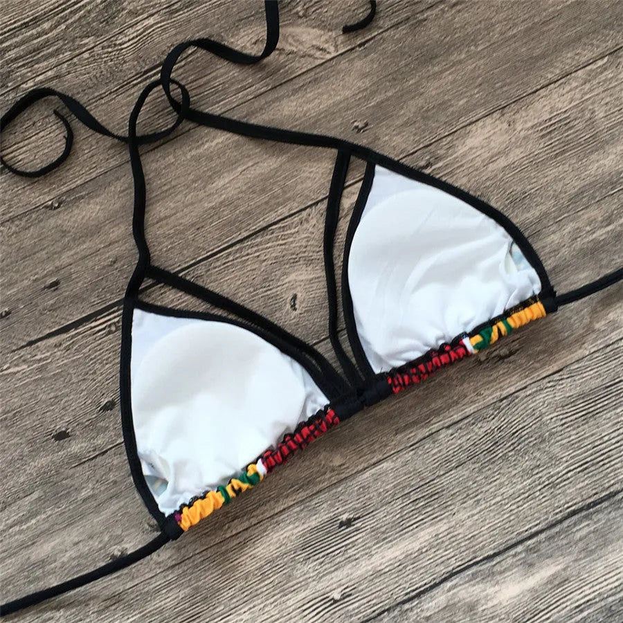Women's digital print bikini with high-waisted briefs and backless design for swimming sports