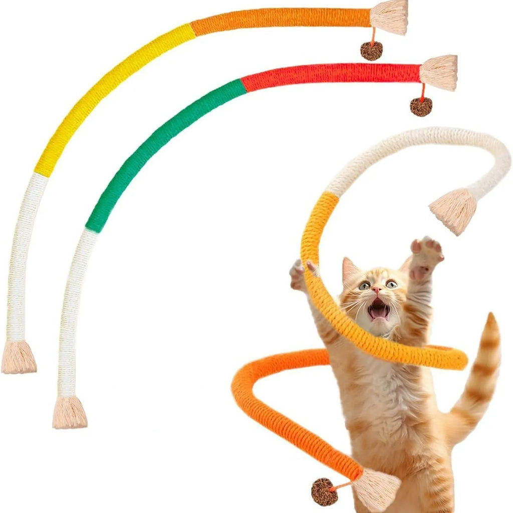 Cat bite rope toy made of cotton string, 70cm long, catnip-stuffed, available in purple, orange, or red with green colours