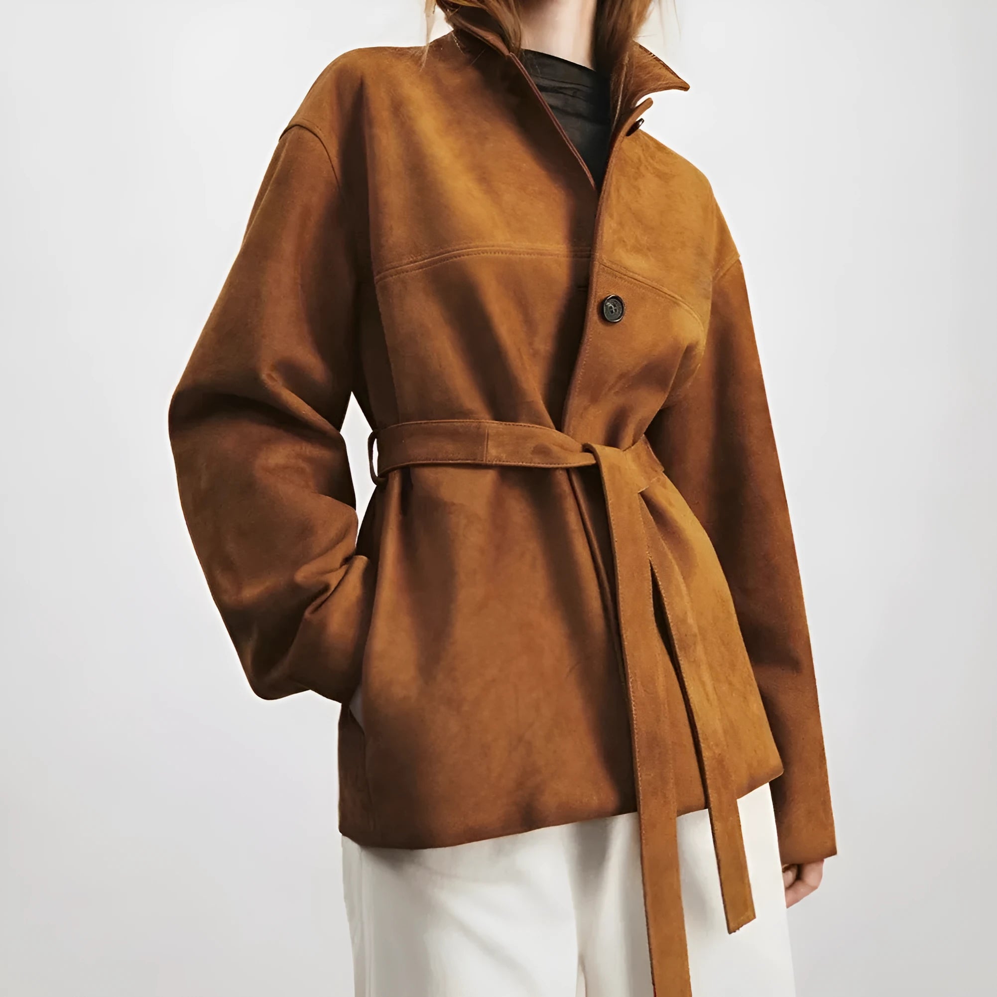 Brown cashmere coat with Peter Pan collar and leather stitching in retro art style