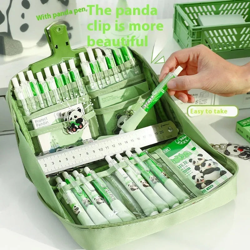Green 12-layer canvas pencil case with panda motif and open layers showing pen storage