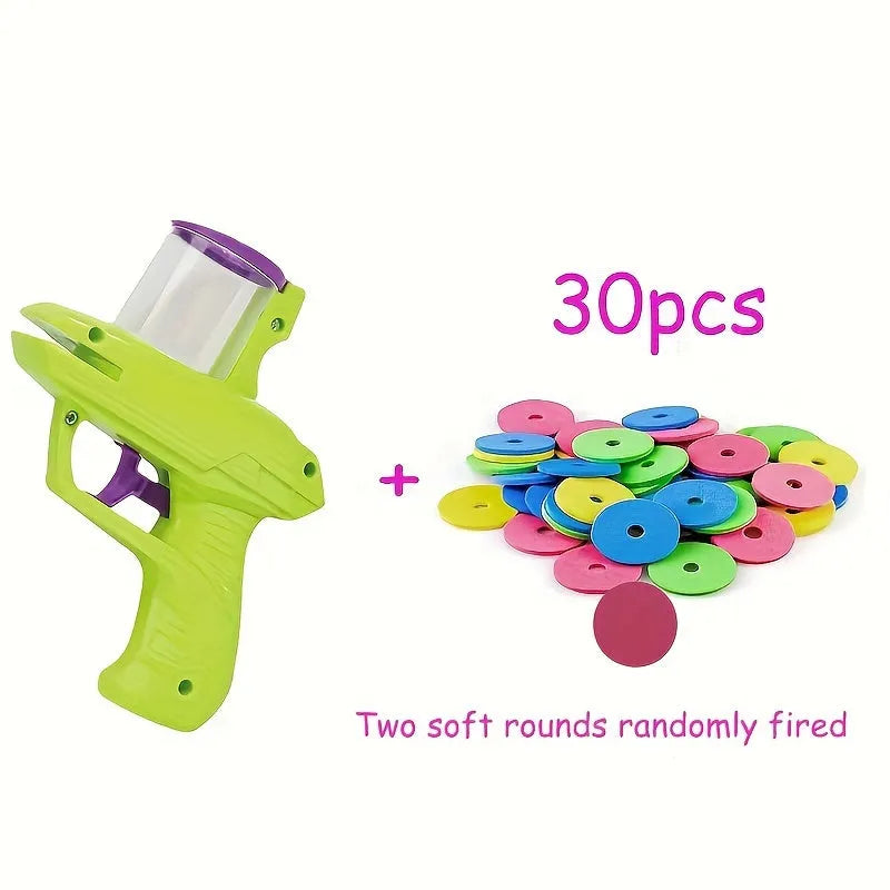 Interactive cat toy launcher with foam disc in green or purple colour options