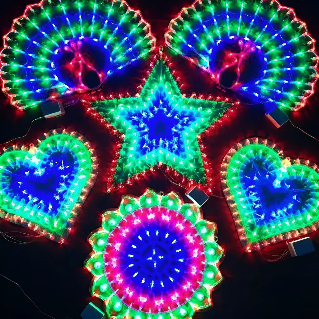 Outdoor battery-powered decorative string lights with peacock, love heart, sunflower, and star shapes.