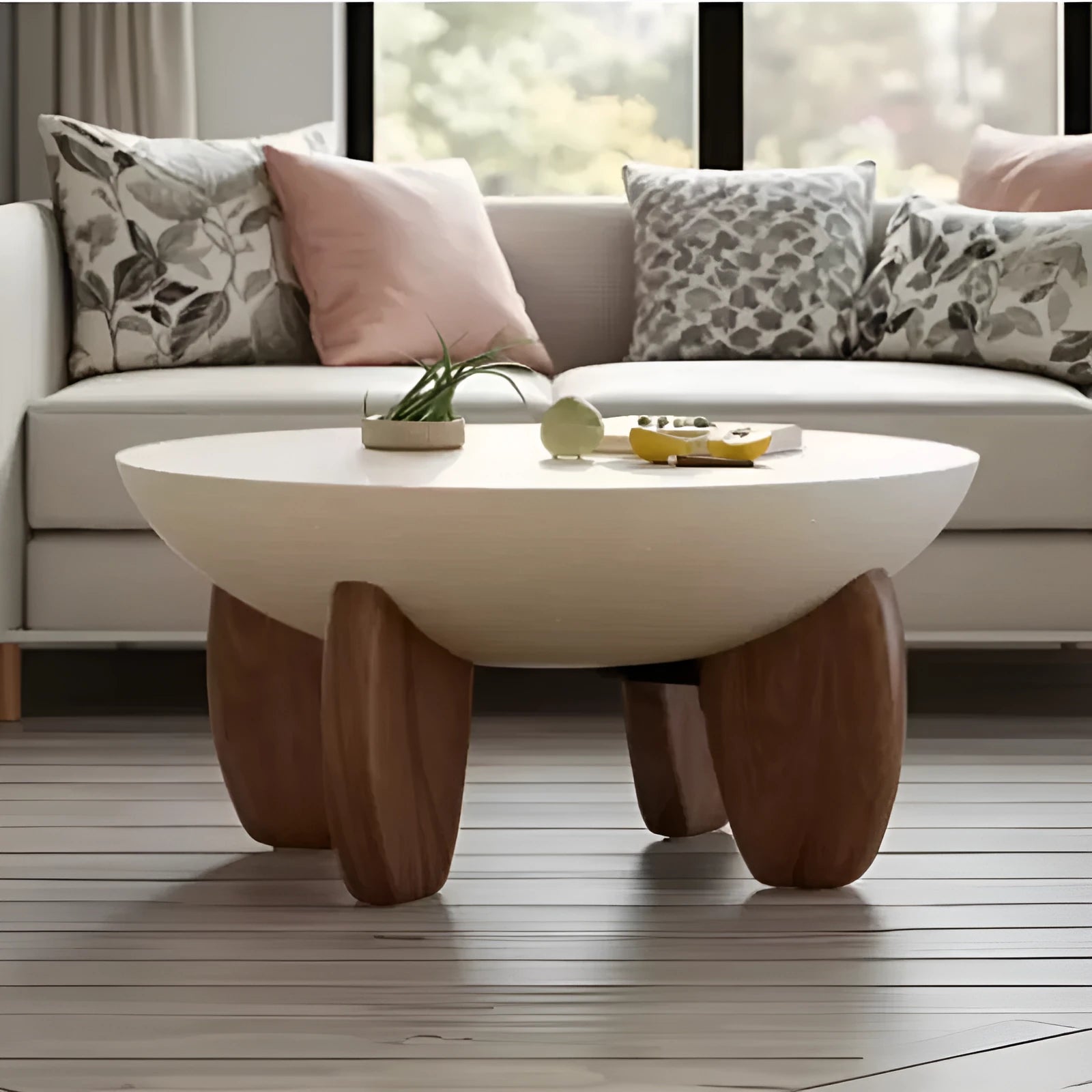 White solid wood coffee table with height adjustable legs and storage in a living room setting