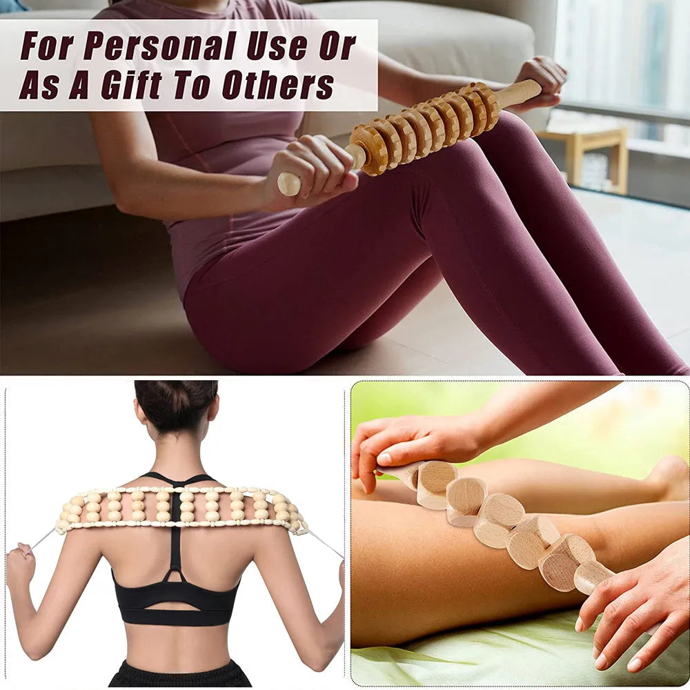 Set of three birch wood anti-cellulite massage hand rollers on a white background