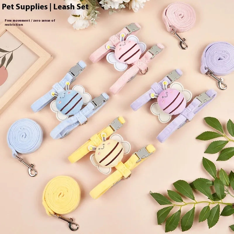 Bee-shaped adjustable cat lead and harness set in blue, pink, or yellow.