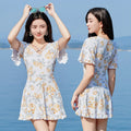 Women's high waist slimming printed one-piece swimsuit with white flower pattern on polyester in size M L XL XXL