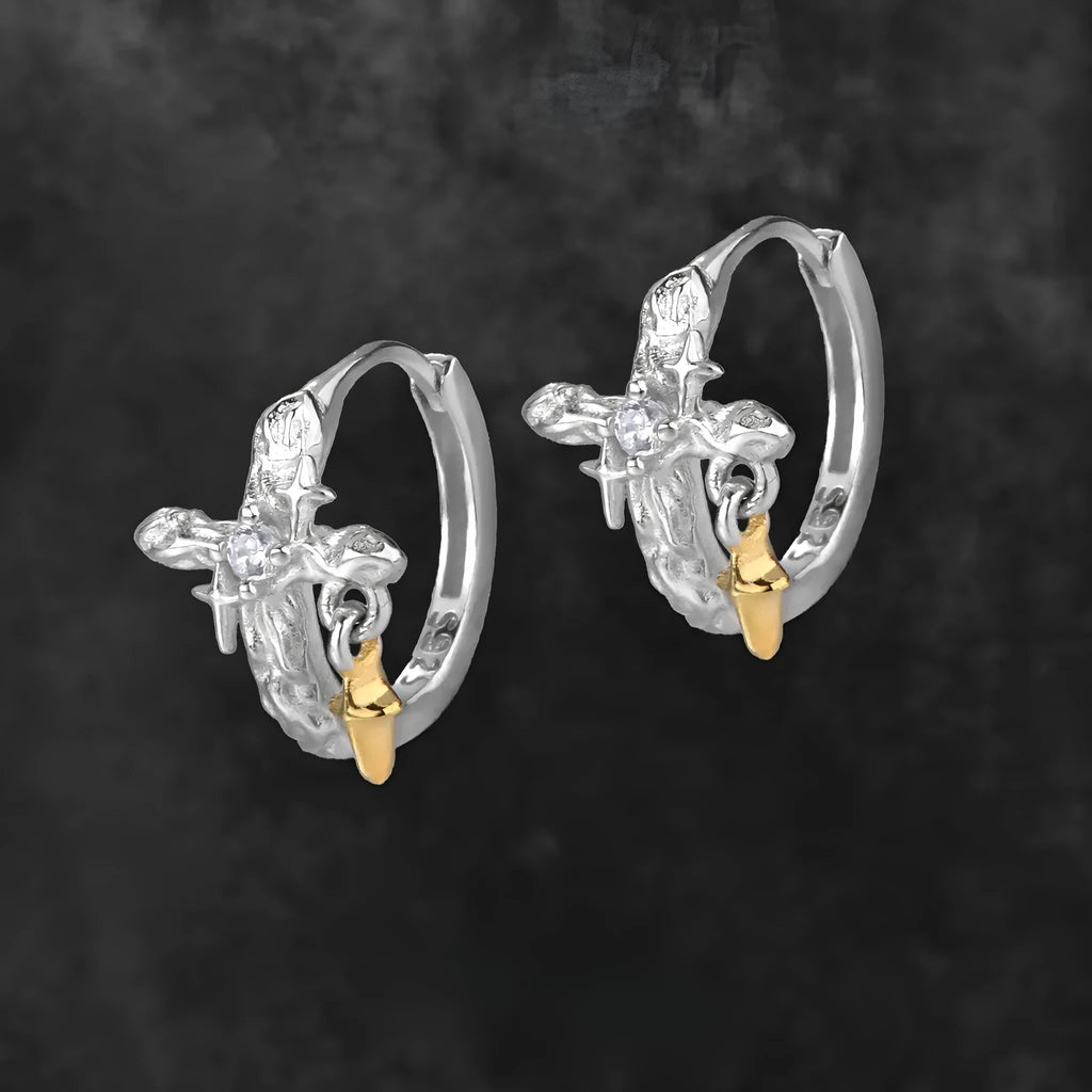 925 sterling silver geometric cross earrings with white gold colour electroplated finish and round decorative elements