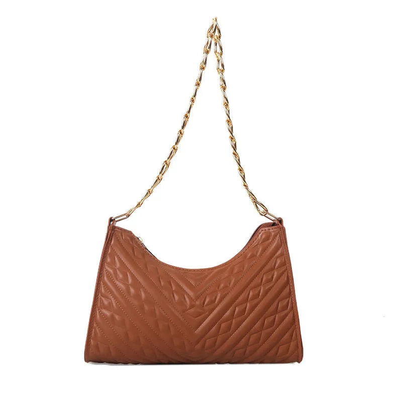Brown PU leather pleated chain baguette shoulder bag with single strap showing vertical square shape