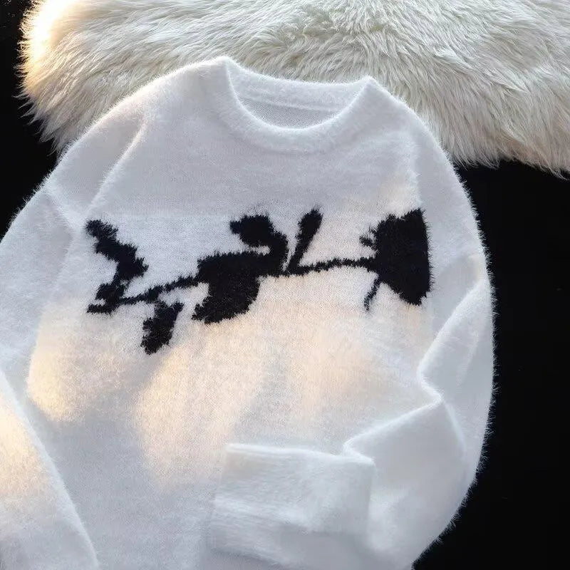 American dark rose flocking horse sweater for men, long sleeve pullover in black, cotton blend fabric