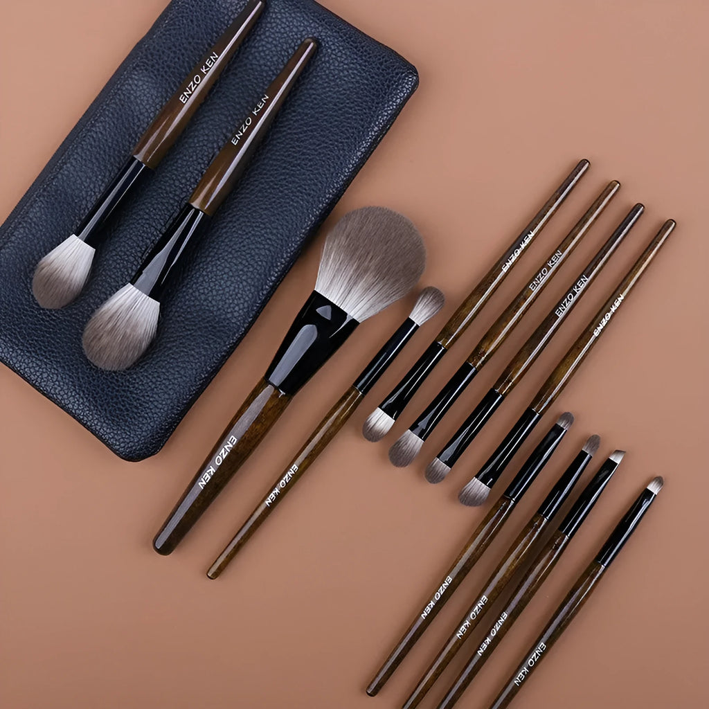 12-piece makeup brush set with wooden handles in portable PU storage bag