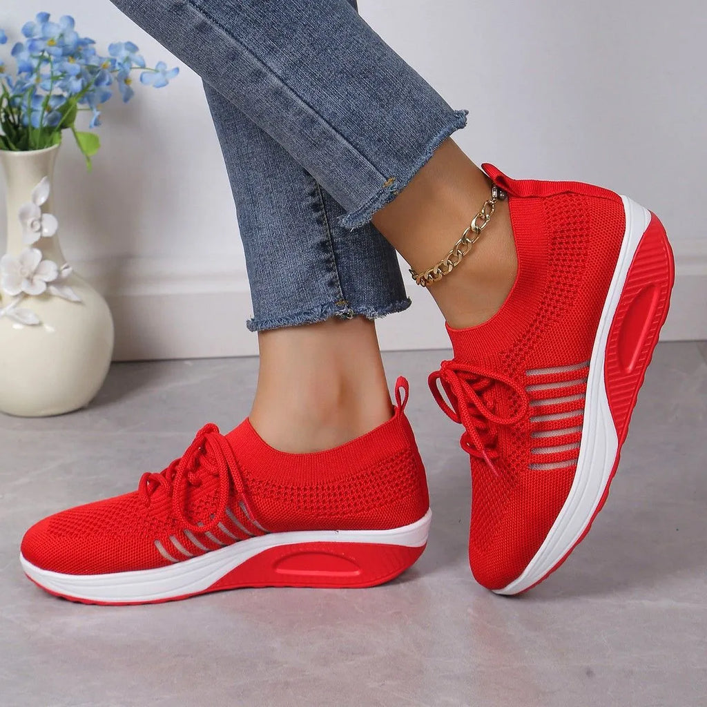 Platform height increasing front lace-up flat shoes for women in black mesh upper and rubber sole with low heel
