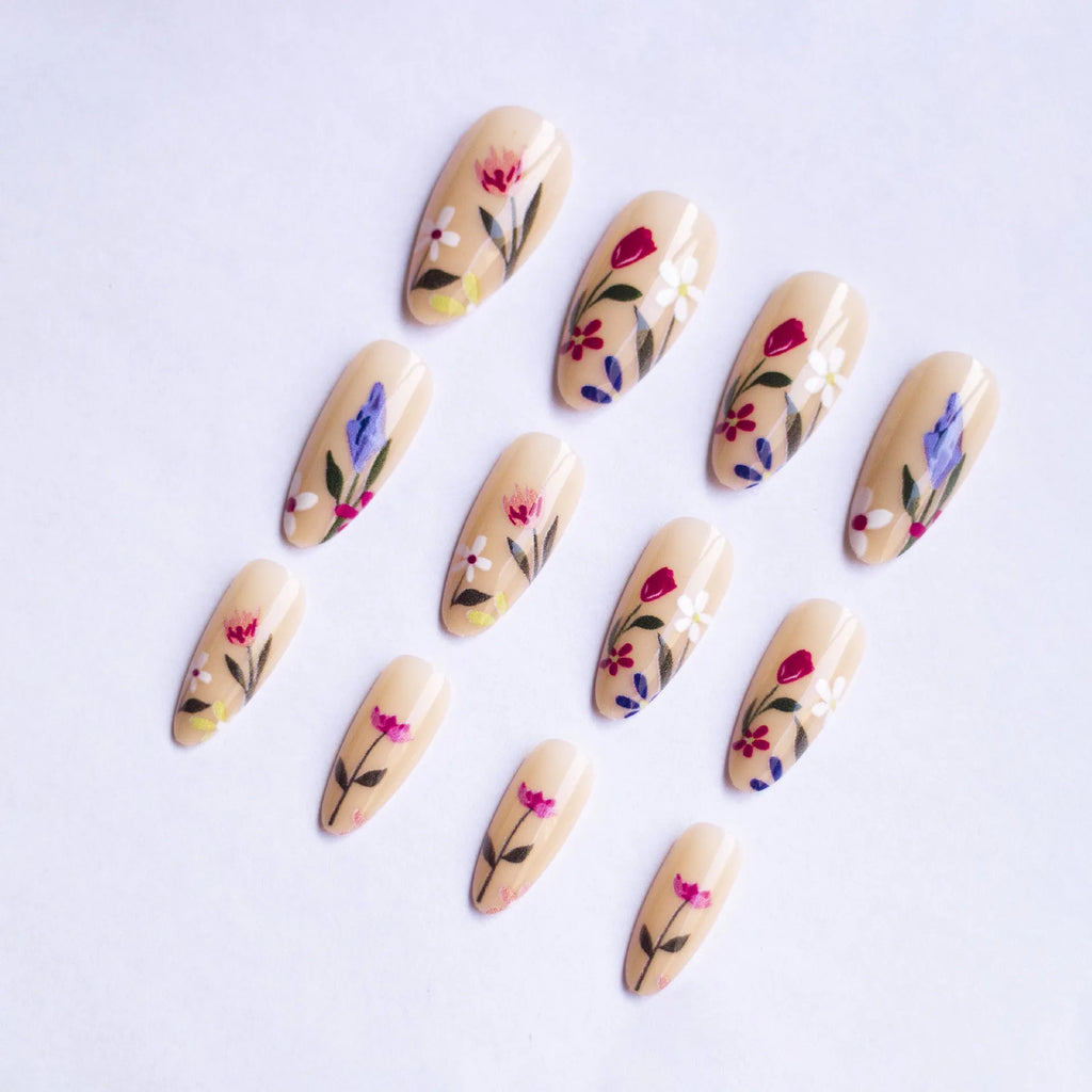 European and American almond-shaped removable flower wear nail art set with rose tulip floral pattern in solid colour