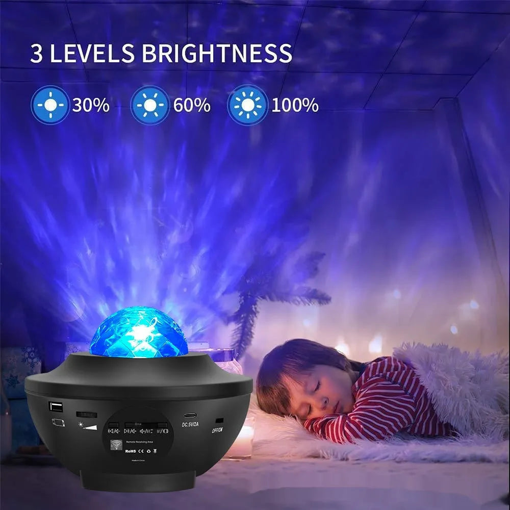 Black parallel style starry sky projection lamp with rotating water ripple effects on desktop