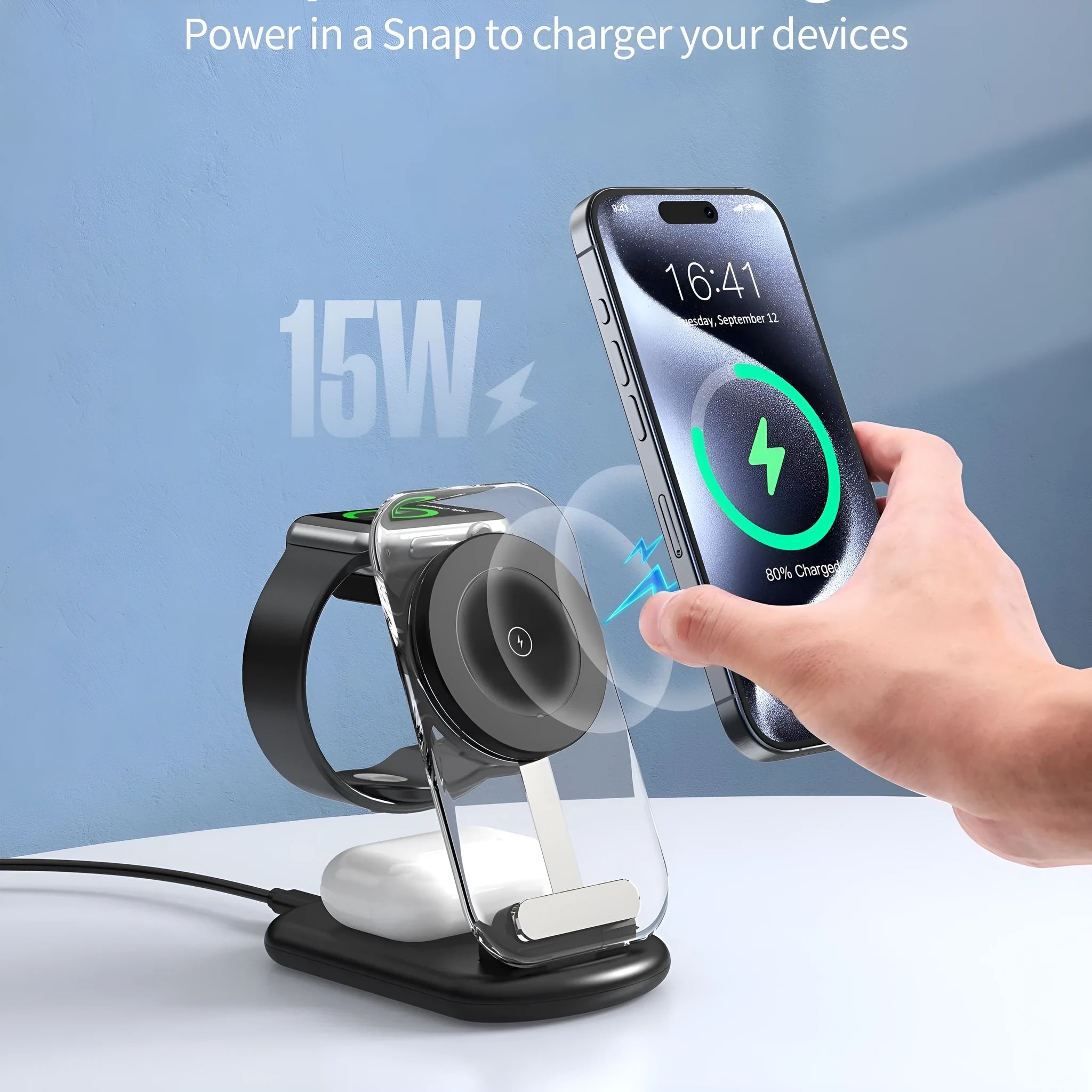 Transparent folding magnetic three-in-one wireless charger showing black and white colour options