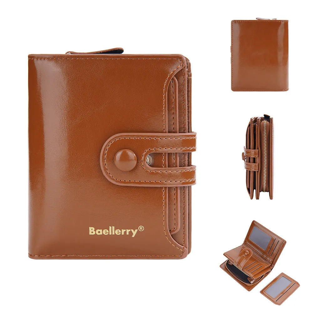 Women's card holder wallet in PU leather available in multiple colours on a plain background.