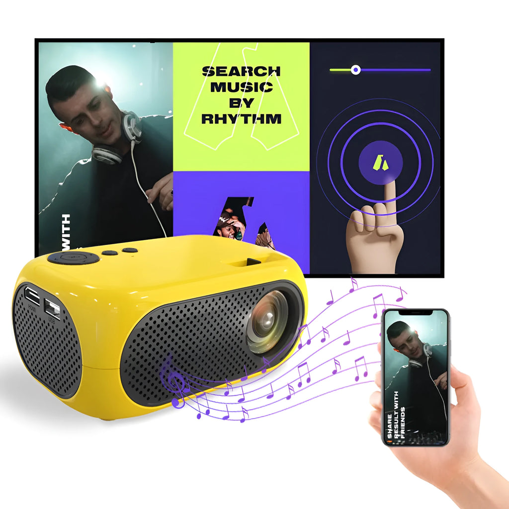 M24 micro mini portable LED projector in gold or white colour on a dark surface