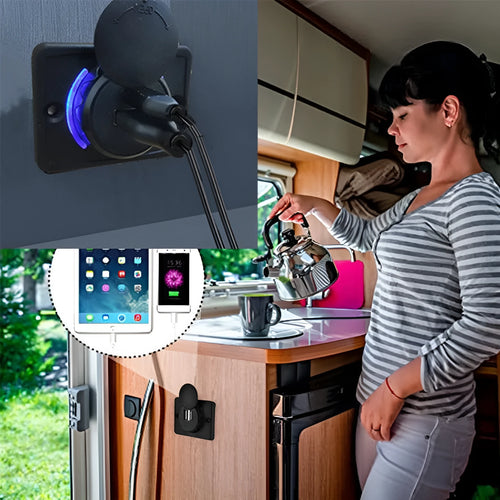 Black 12V car RV USB charger socket with dual ports and mounting screws