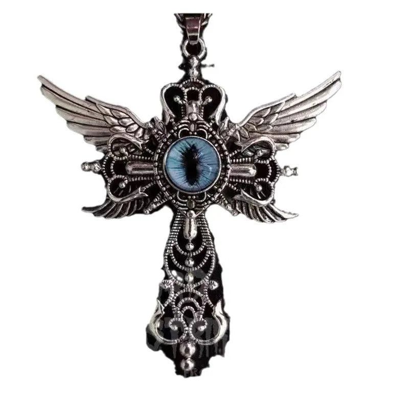 Geometric devil wings and cross alloy pendant necklace in blue, green, purple, red, or yellow.