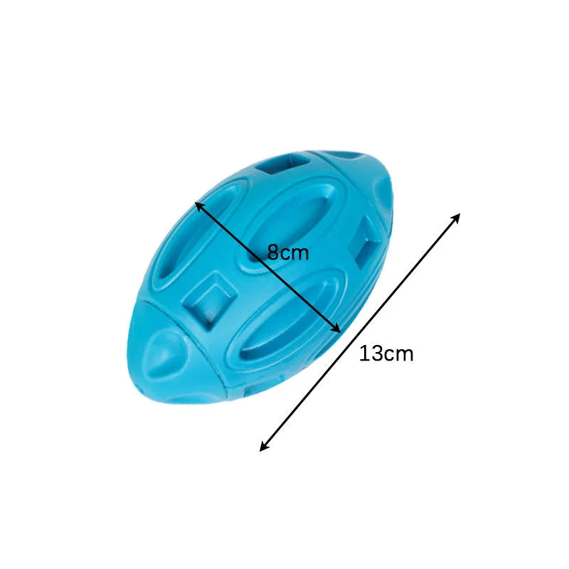 Blue, green, and orange rubber squeaky dog toy ball with grooved surface for aggressive chewers.