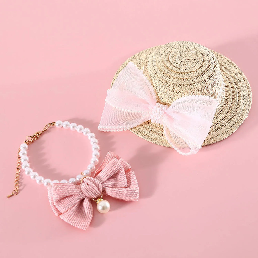 Pink pearl butterfly bow woven straw cat hat for pets with Lafite leaves material