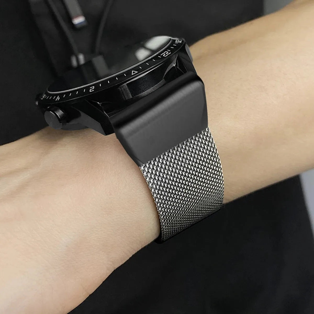 Stainless steel Garmin Fenix watch strap with integrated card slot in silver, black, gold, and rose gold finishes.