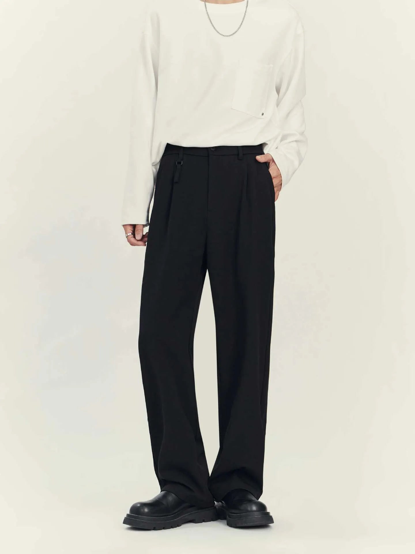 Business casual draping suit pants loose straight-leg solid black colour fabric blend