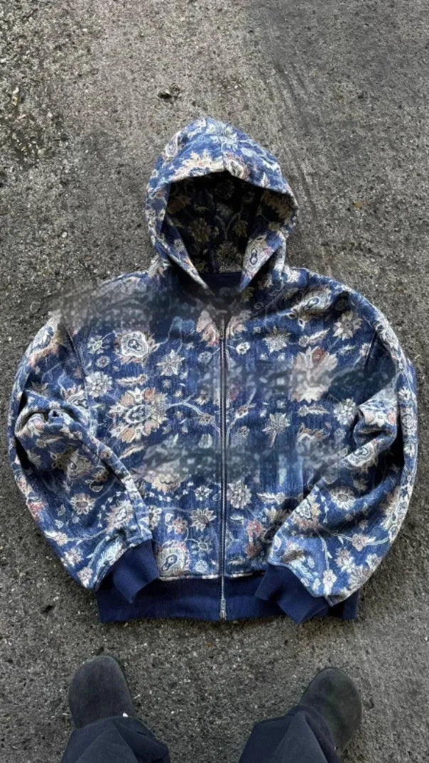 Men's loose zip hooded coat in polyester with digital printing, shown in red colour with hood up