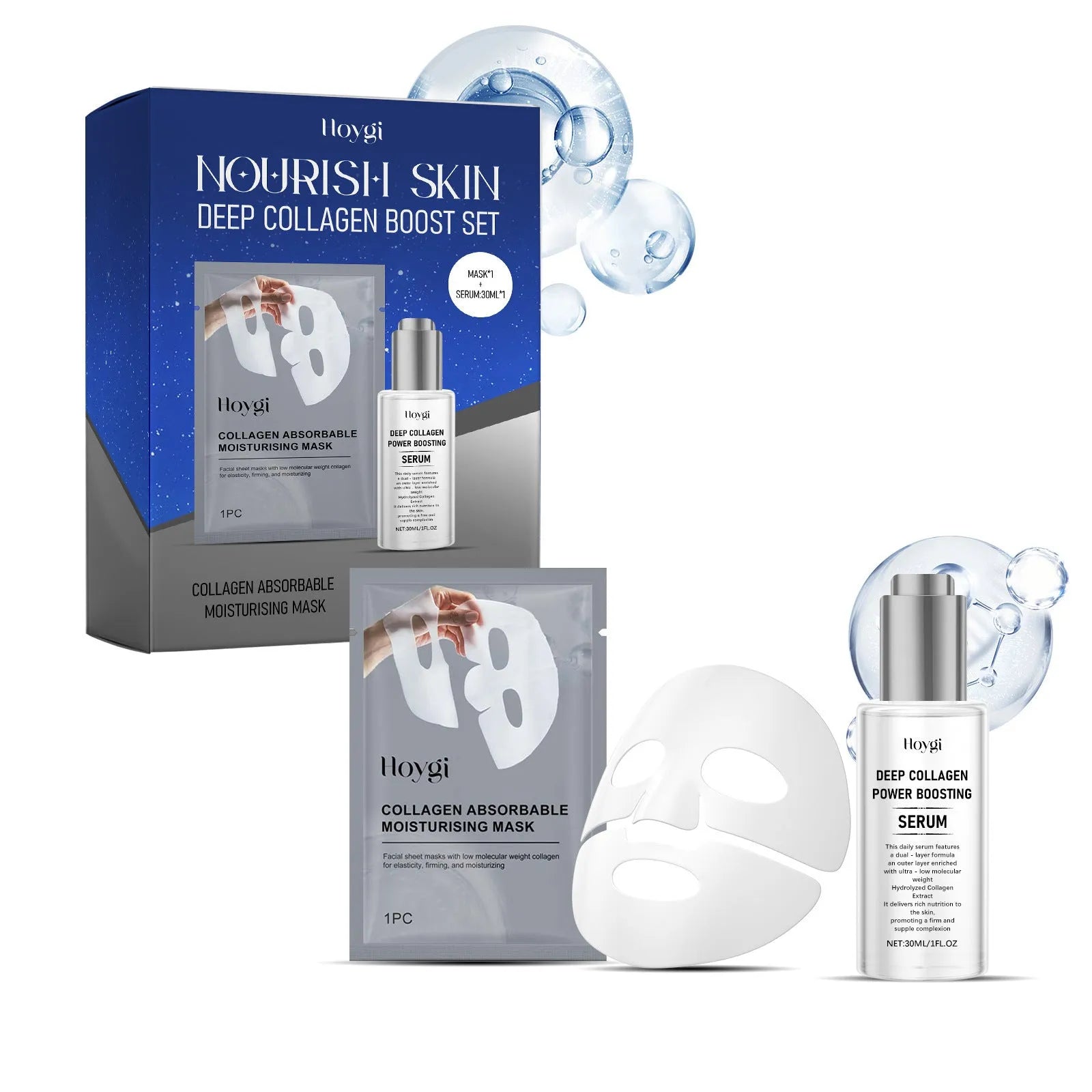 Collagen moisturising suit showing facial mask and 30ml essence bottle for skin hydration