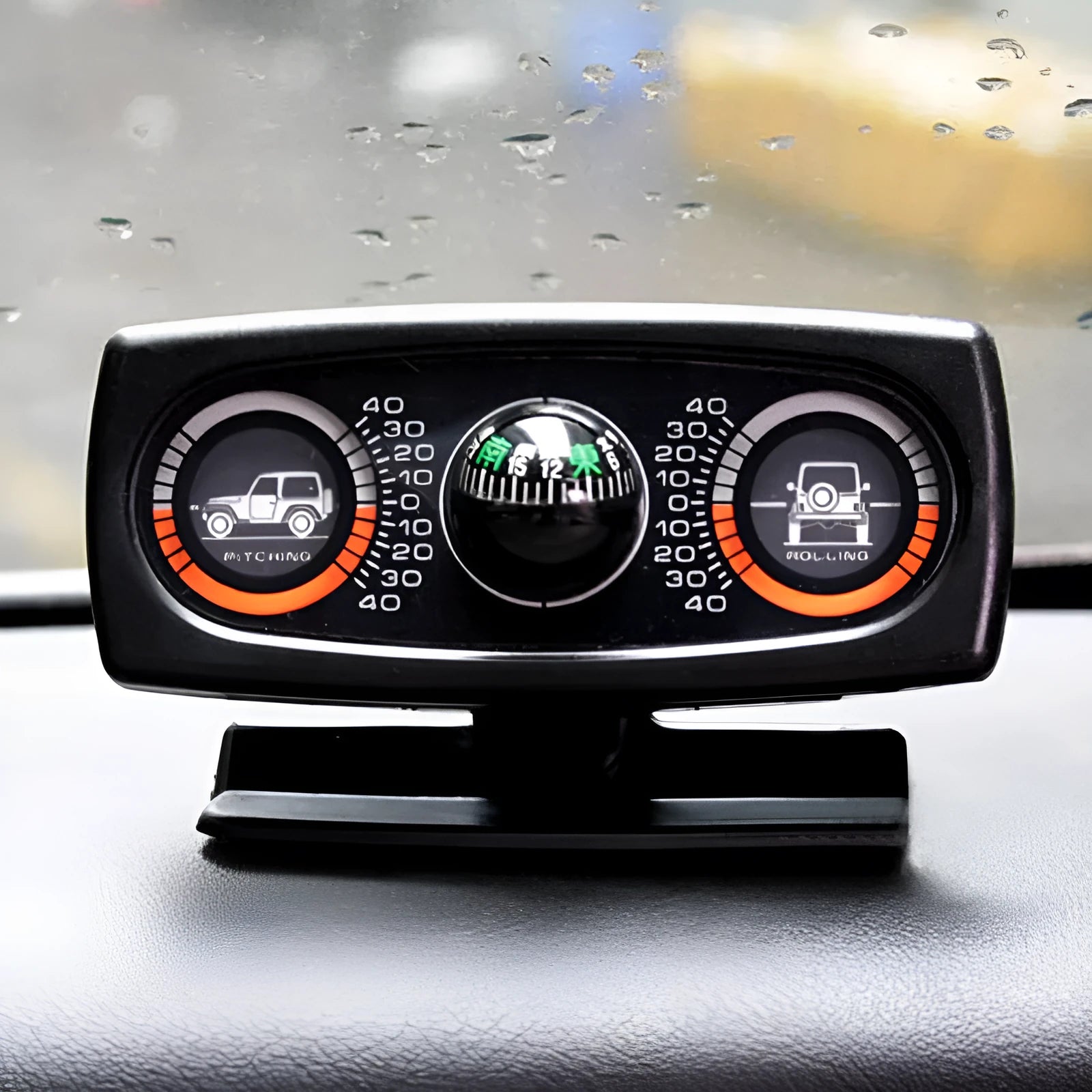 Black car guide ball balancer level meter with self-adhesive base showing slope measurement