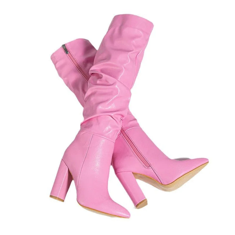 Pink women's pointed toe high heel boots with side zipper and super high heel above 8cm