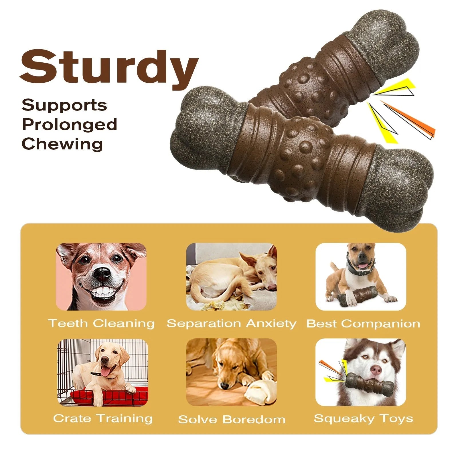 Wood colour bone-shaped plastic dog toothbrush toy with sound-emitting feature