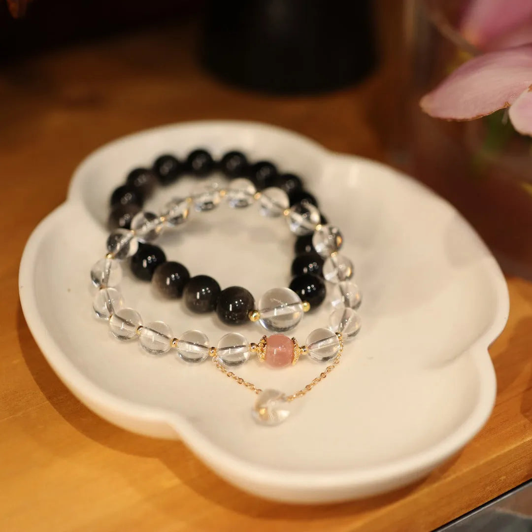 White crystal bracelet with geometric beads, 8mm women's and 10mm men's sizes, Chinese style design