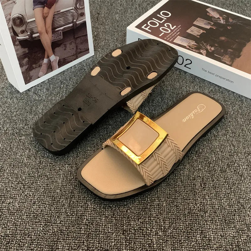Women's flat summer slippers in apricot colour with slip-on design and textured PVC sole