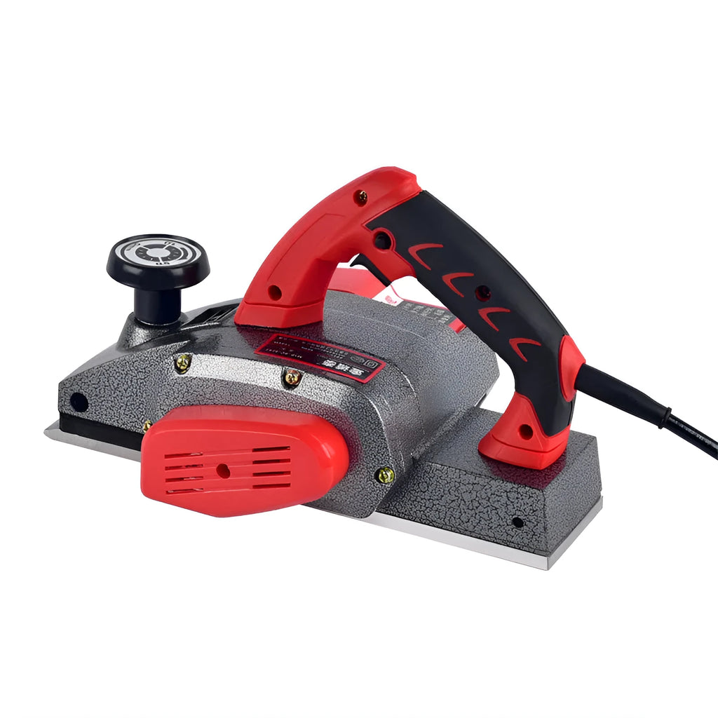 Red desktop electric wood planer with aluminium body showing 82mm planing width and power cord
