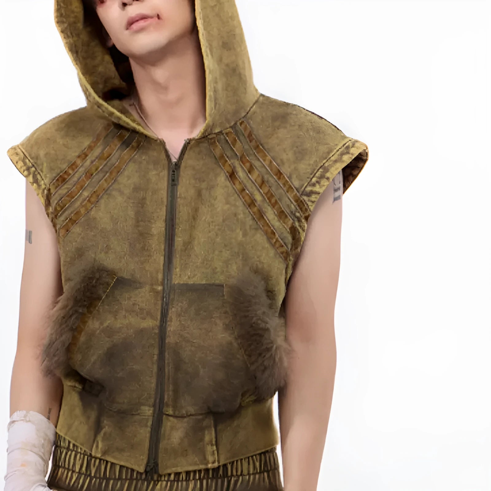 Stitching fur sleeveless hooded zipper tank top in black and gray, short Korean-style vest